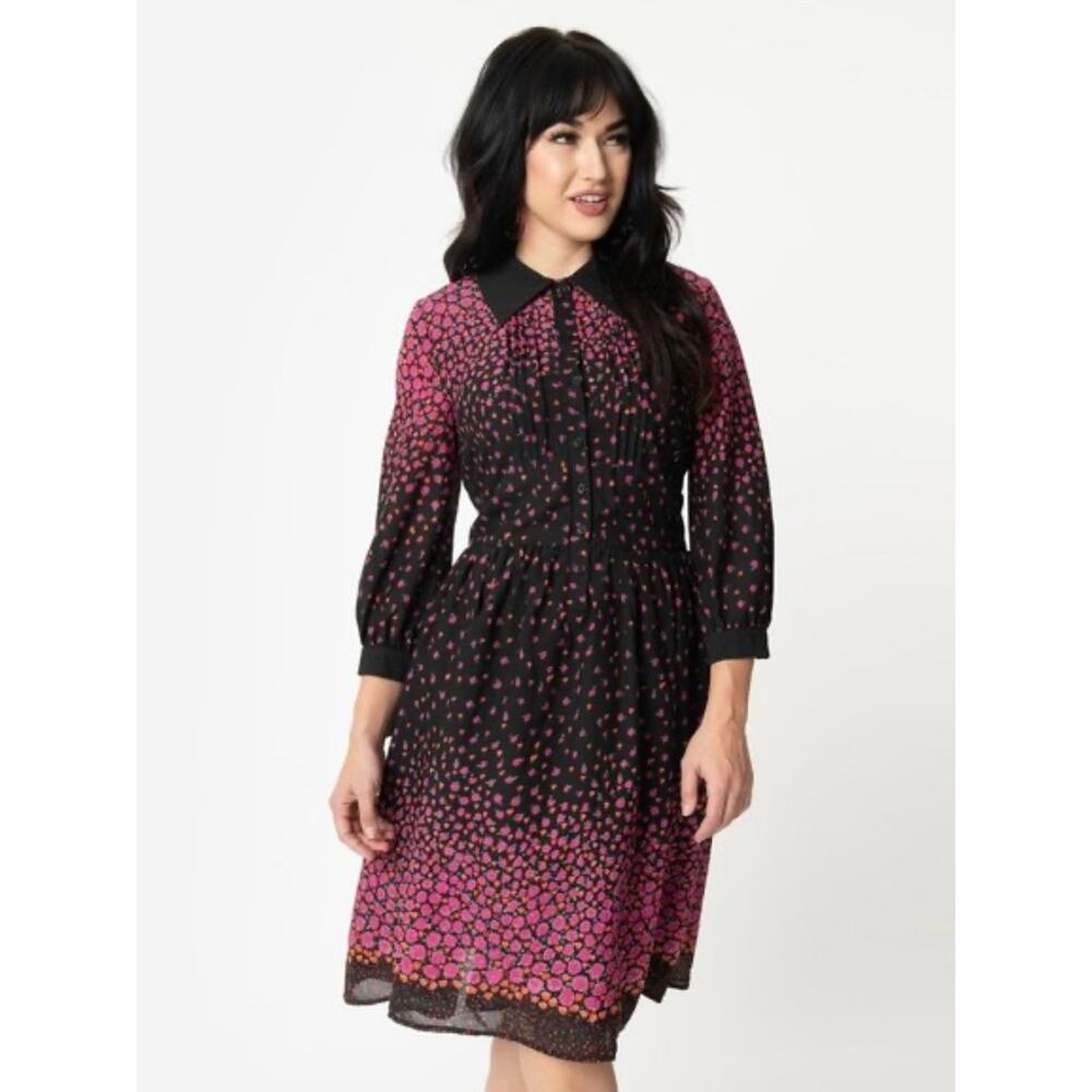 Unique Vintage Meredith Purple and Black Floral 3/4 Sleeve Knee Legth Dress 2X